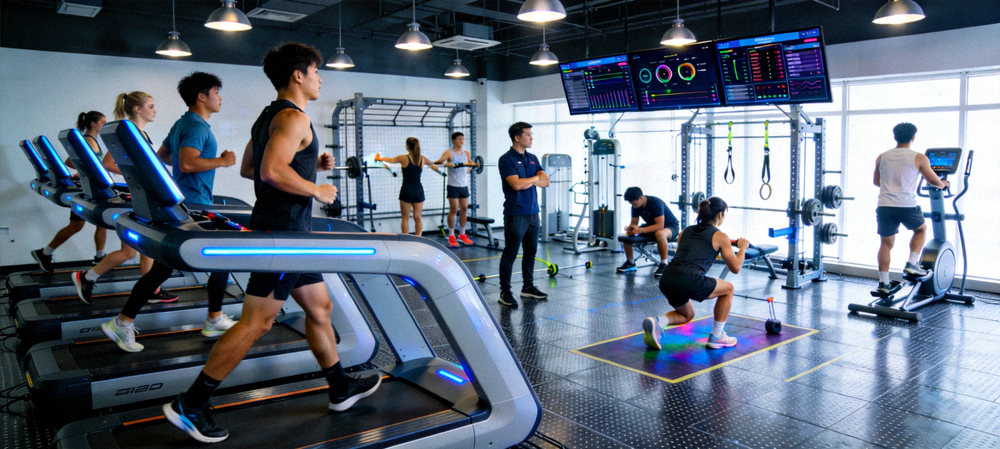 年轻运动员在现代化体育场馆中进行科学训练的集体画面